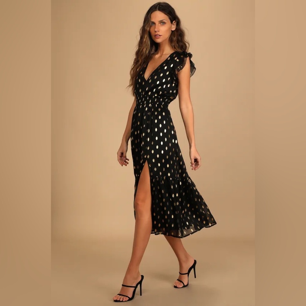 Cause to Celebrate Black and Gold Dot Ruffled Tiered Midi Dress